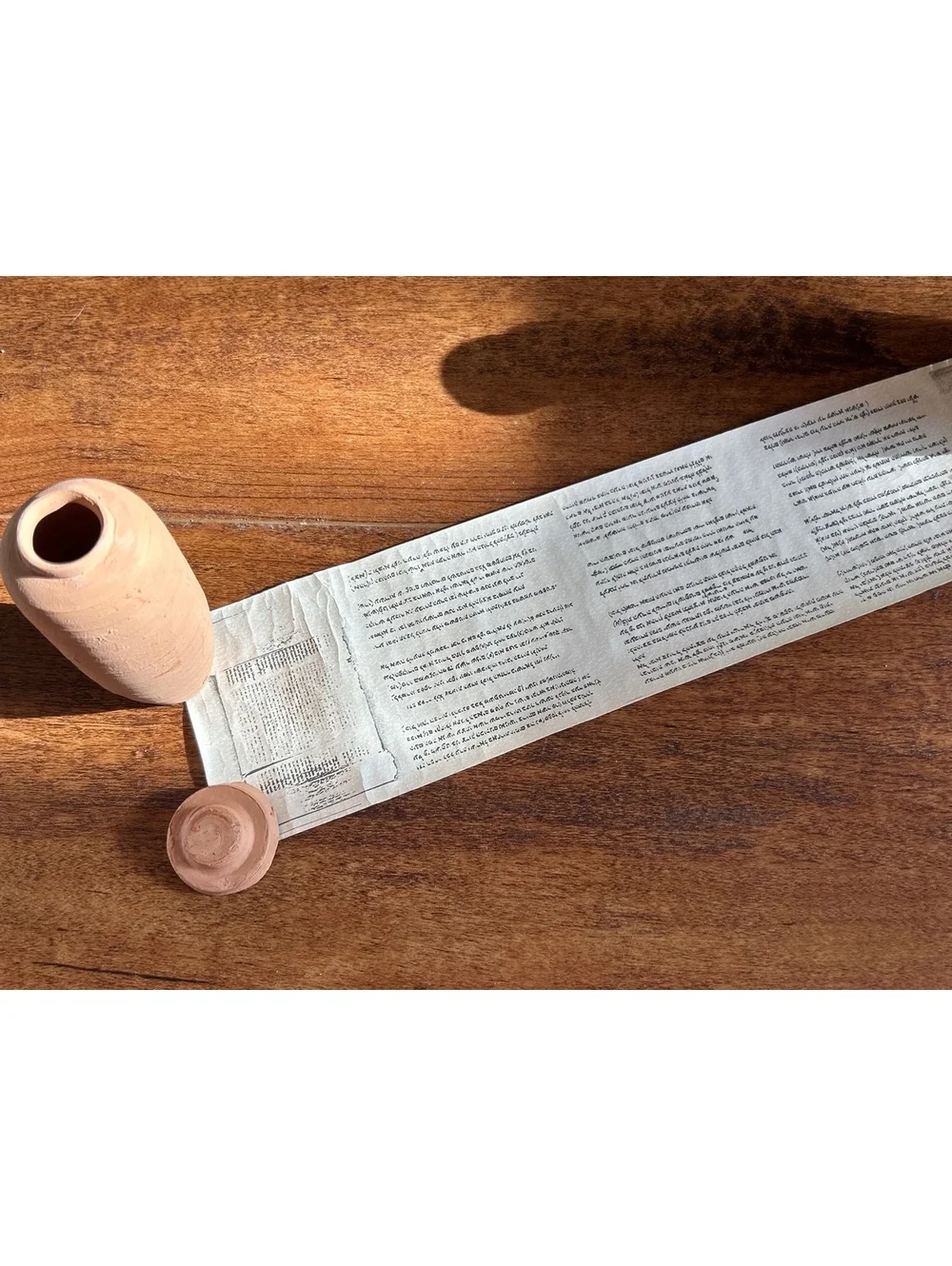 Small Handmade Terracotta Scroll Container with Paper Scroll